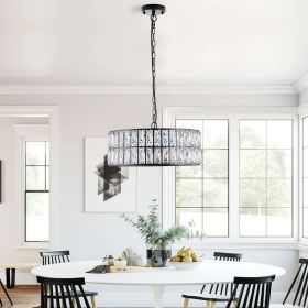 Modern Crystal Drum Chandelier, 6-Light Pendant Lighting Fixture with Black Metal Frame for Living Room, Dining Room, and Bedroom (Bulbs Not Incl