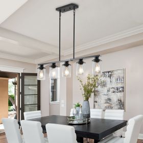Modern Industrial 5-Light Chandelier with Clear Glass Shades, Matte Black Metal Frame Hanging Ceiling Light Fixture for Dining Room, Kitchen Isla