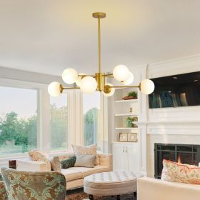 Modern 8-Light Gold Chandelier with White Glass Globe Shades, Mid-Century Branching Design, Elegant Ceiling Light Fixture for Dining Room, Living