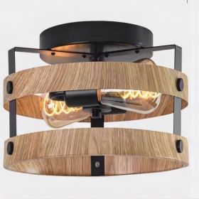 3-Light Rustic Flush Mount Light Fixture Wood Round Drum Semi Ceiling Light for Hallway Bedroom Kitchen Entryway Farmhouse Matt Black [No Bulb][U