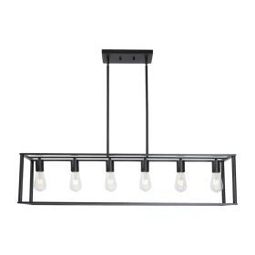 6 Light Rectangle Chandelier Contemporary Farmhouse Linear Pendant Lighting Black Industrial Vintage Kitchen Island Metal Cage Ceiling Light Fixt