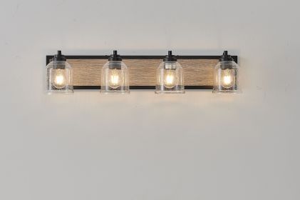 Farmhouse Vanity Light Fixture, 4-Light Bathroom Wall Sconce with Clear Seeded Glass Shades, Rustic Black Finish with Wood Backplate