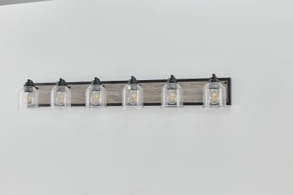 Farmhouse Vanity Light Fixture, 6-Light Bathroom Wall Sconce with Clear Seeded Glass Shades, Rustic Black Finish with Wood Backplate