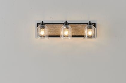 Farmhouse Vanity Light Fixture, 3-Light Bathroom Wall Sconce with Clear Seeded Glass Shades, Rustic Black Finish with Wood Backplate
