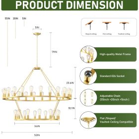 Gold Wagon Wheel Chandelier 2 Tier 36-Lights 53 Inch Extra Large Farmhouse Pendant Light Fixture